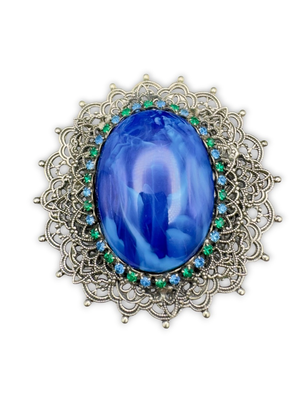 Vintage Art Deco Marbled Blue Art Glass Cabochon & Rhinestone Filigree Brooch